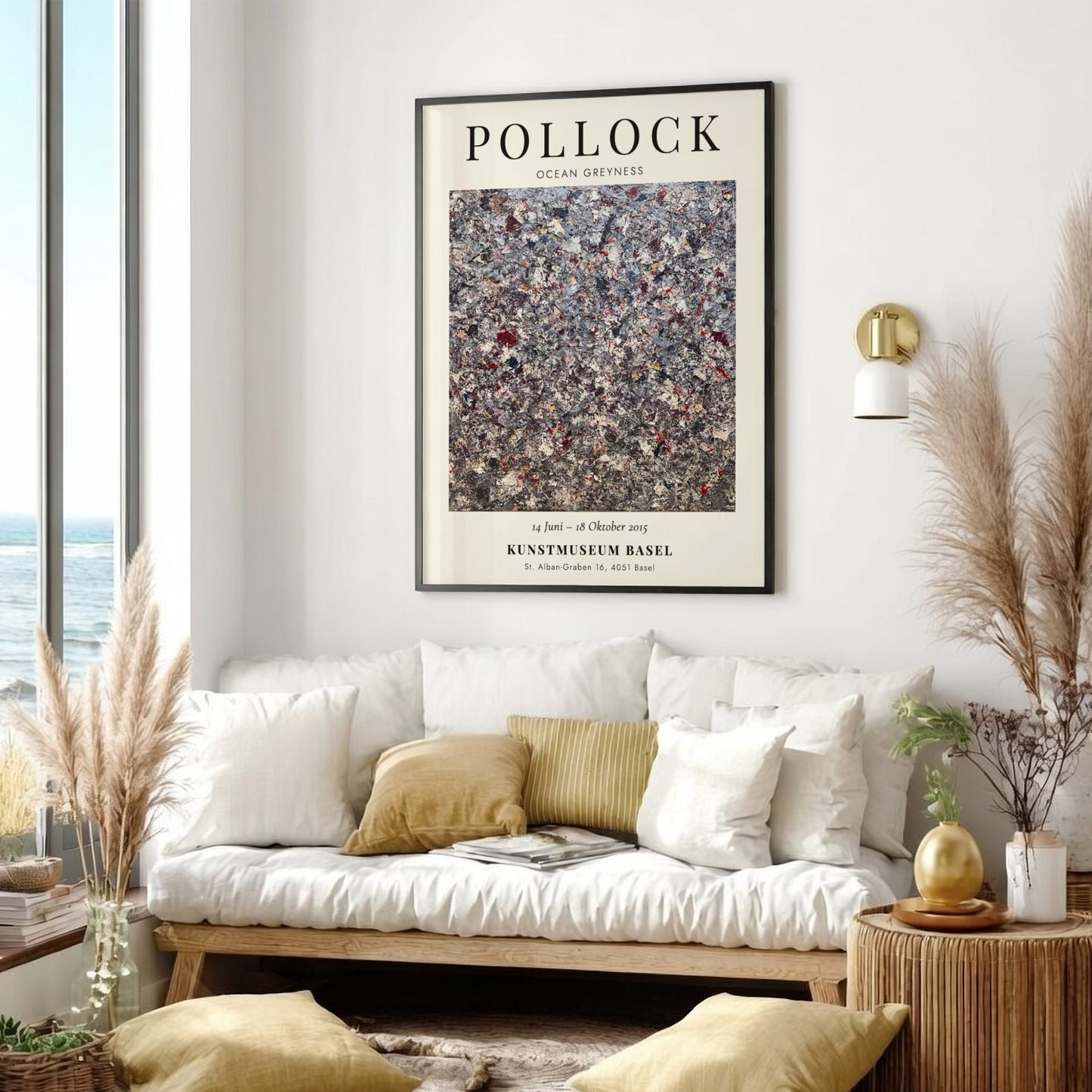 Wall art poster featuring Jackson Pollock Ocean Greyness exhibition details on cream background