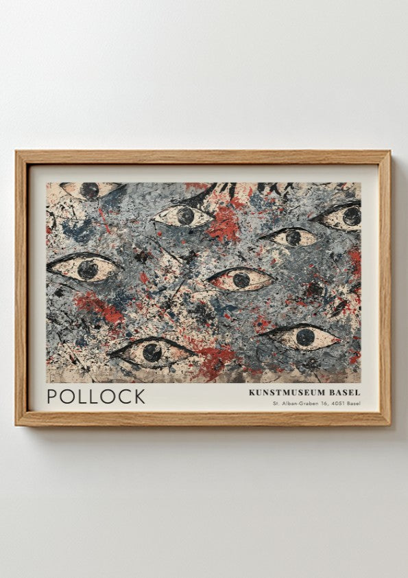 Wall art poster featuring Jackson Pollock abstract eye motif in blue, grey, and red.