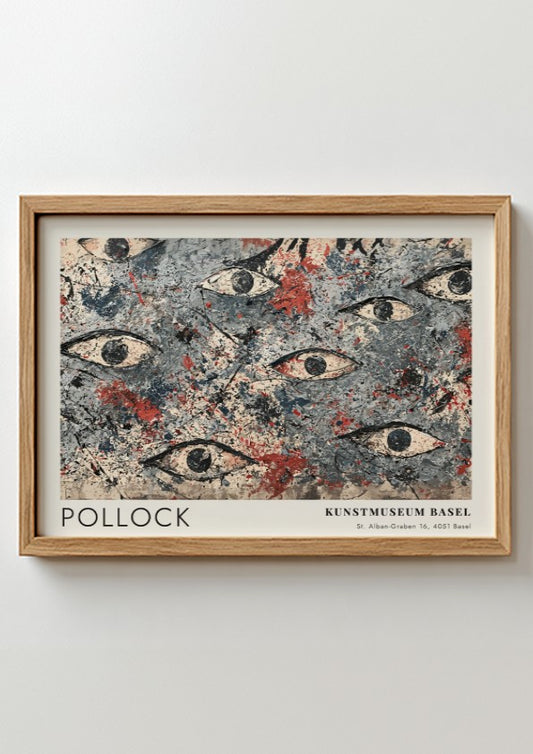 Wall art poster featuring Jackson Pollock abstract eye motif in blue, grey, and red.