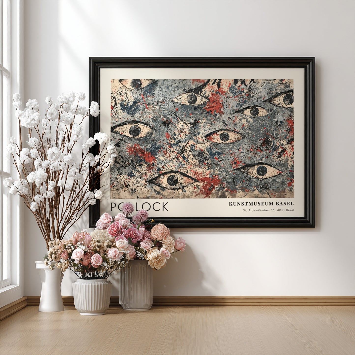 Wall art poster featuring Jackson Pollock abstract eye motif in blue, grey, and red.