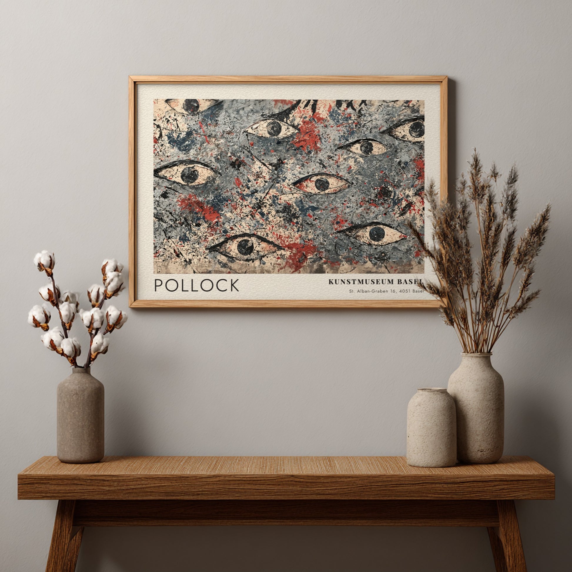 Wall art poster featuring Jackson Pollock abstract eye motif in blue, grey, and red.