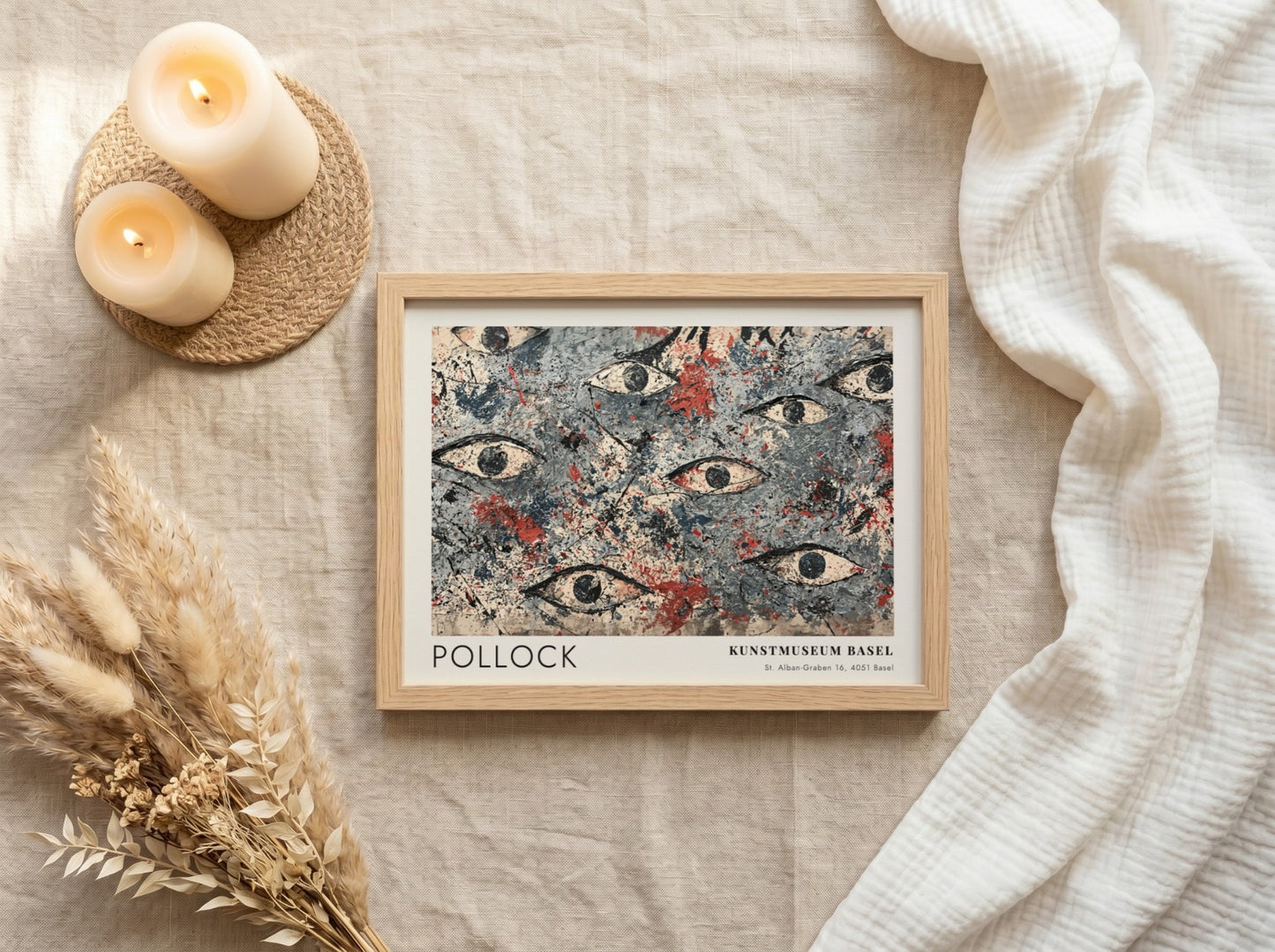 Wall art poster featuring Jackson Pollock abstract eye motif in blue, grey, and red.
