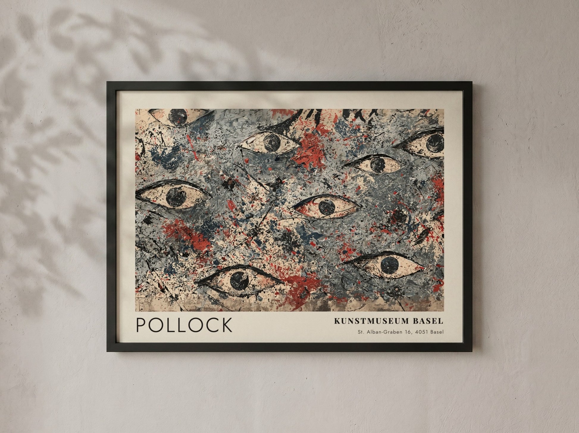 Wall art poster featuring Jackson Pollock abstract eye motif in blue, grey, and red.