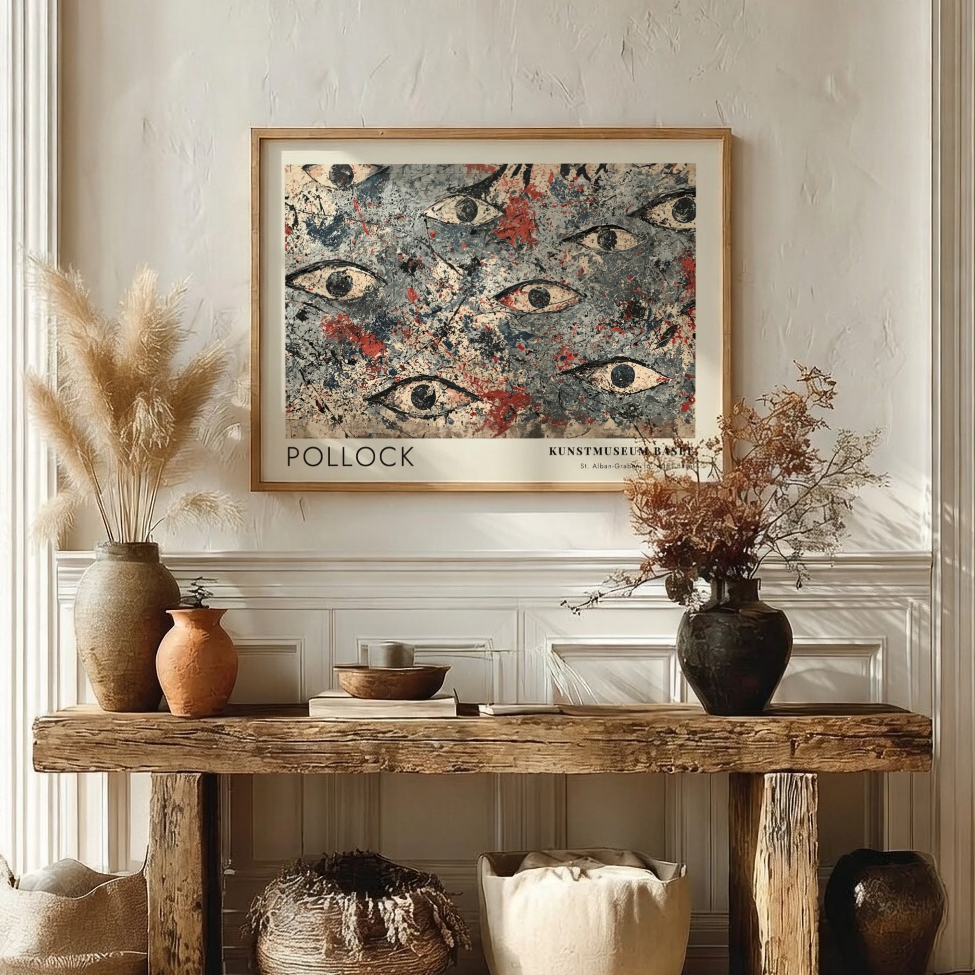 Wall art poster featuring Jackson Pollock abstract eye motif in blue, grey, and red.