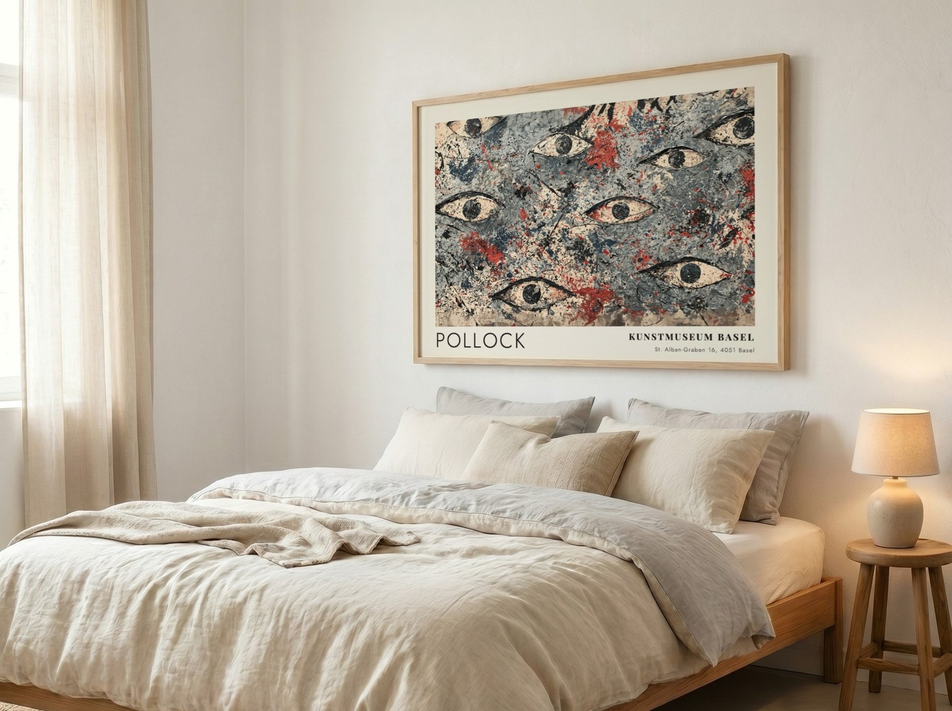 Wall art poster featuring Jackson Pollock abstract eye motif in blue, grey, and red.