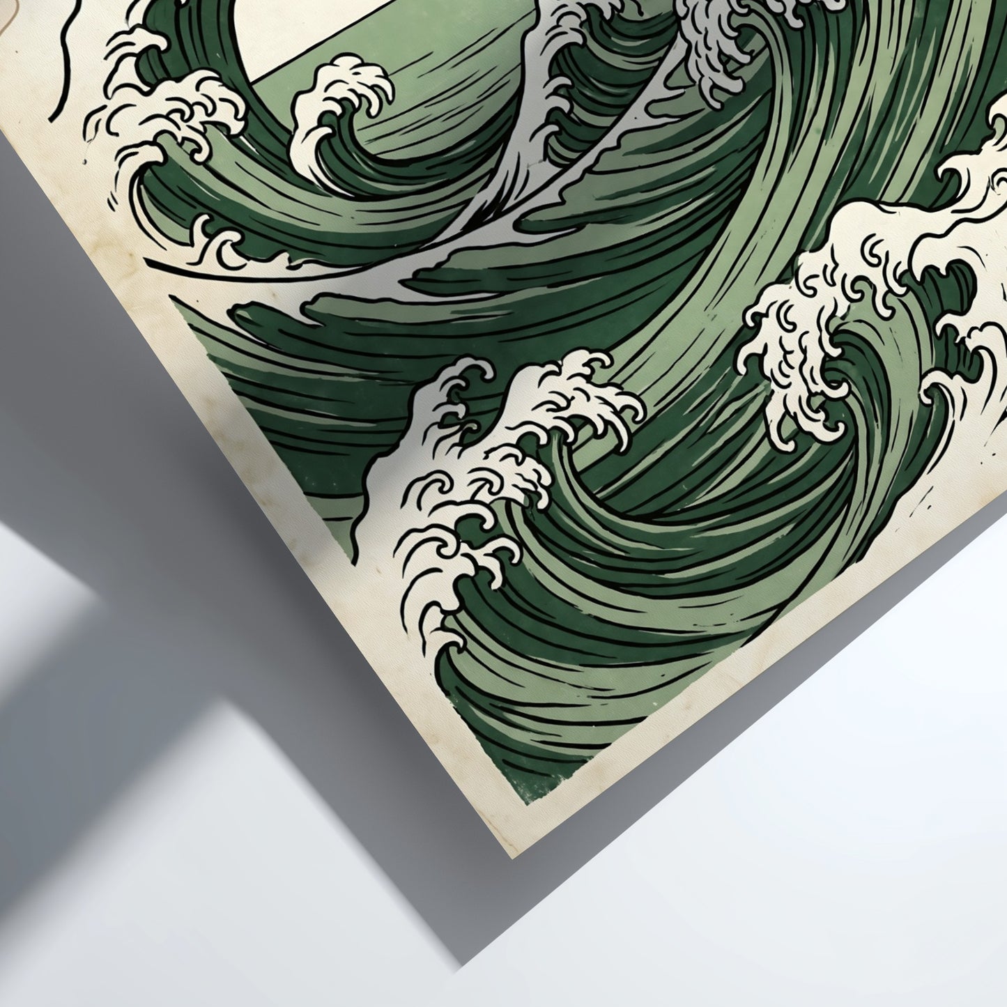 Japanese art style poster featuring ocean waves and sunrise in green tones