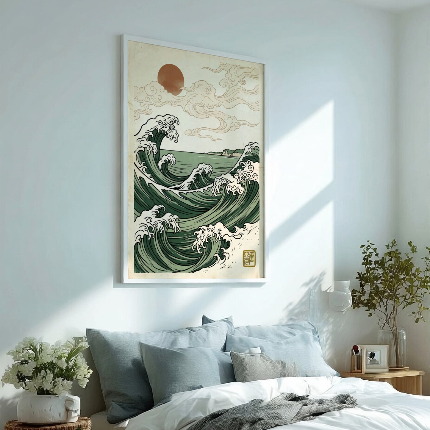 Japanese art style poster featuring ocean waves and sunrise in green tones