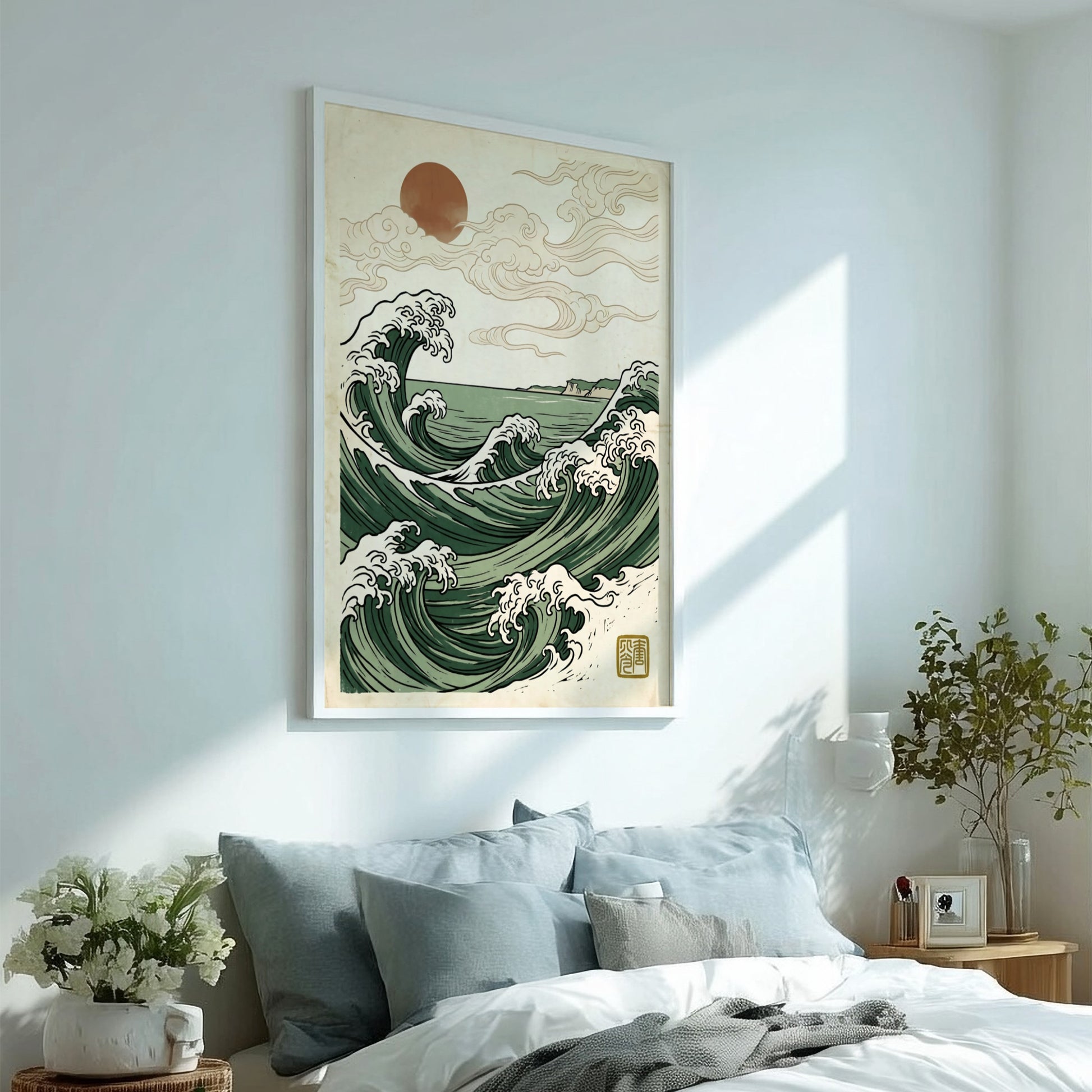 Japanese art style poster featuring ocean waves and sunrise in green tones