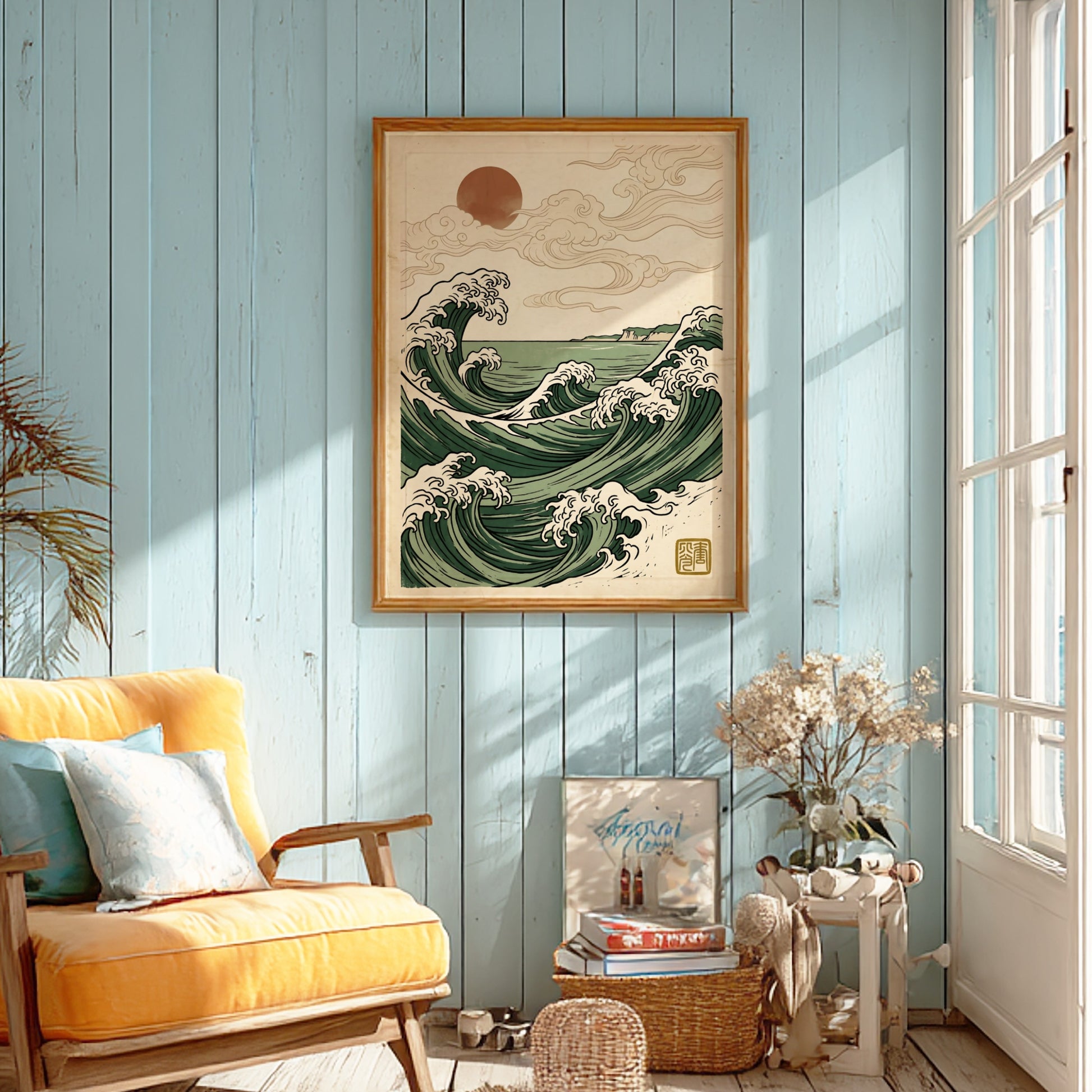 Japanese art style poster featuring ocean waves and sunrise in green tones
