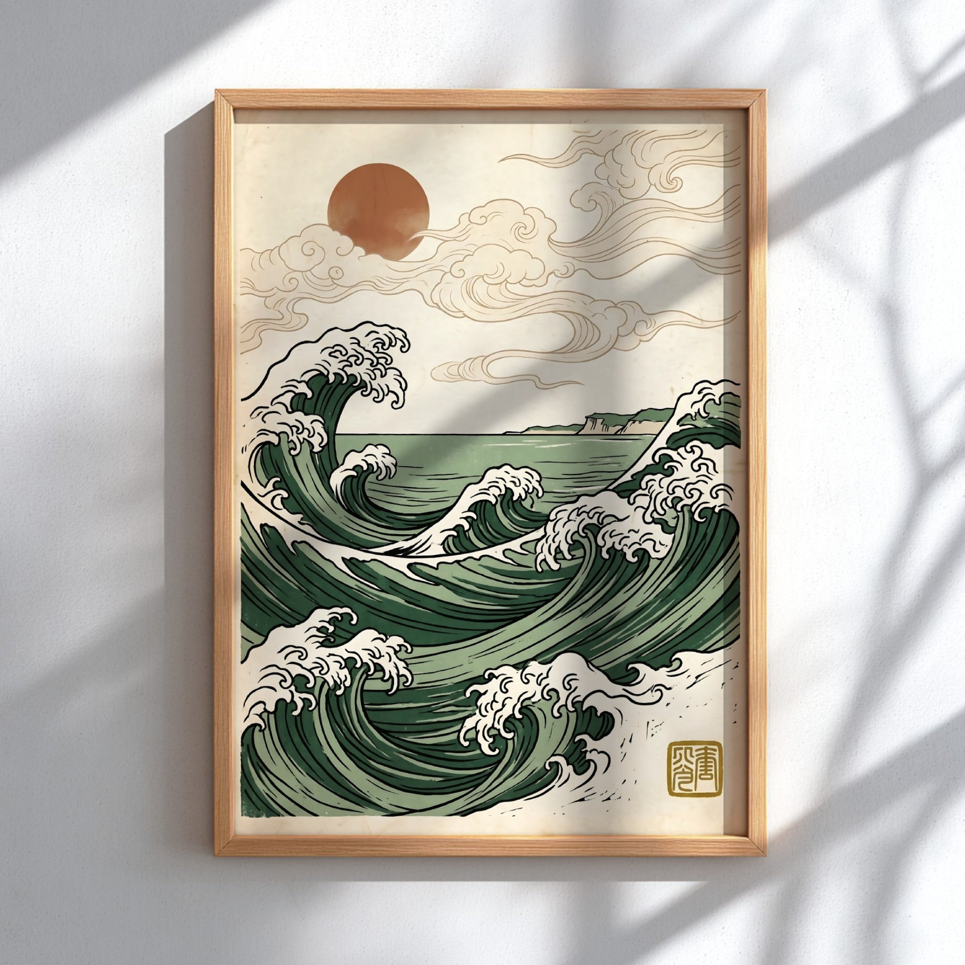 Japanese art style poster featuring ocean waves and sunrise in green tones