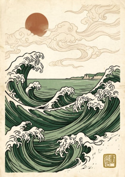 Japanese art style poster featuring ocean waves and sunrise in green tones