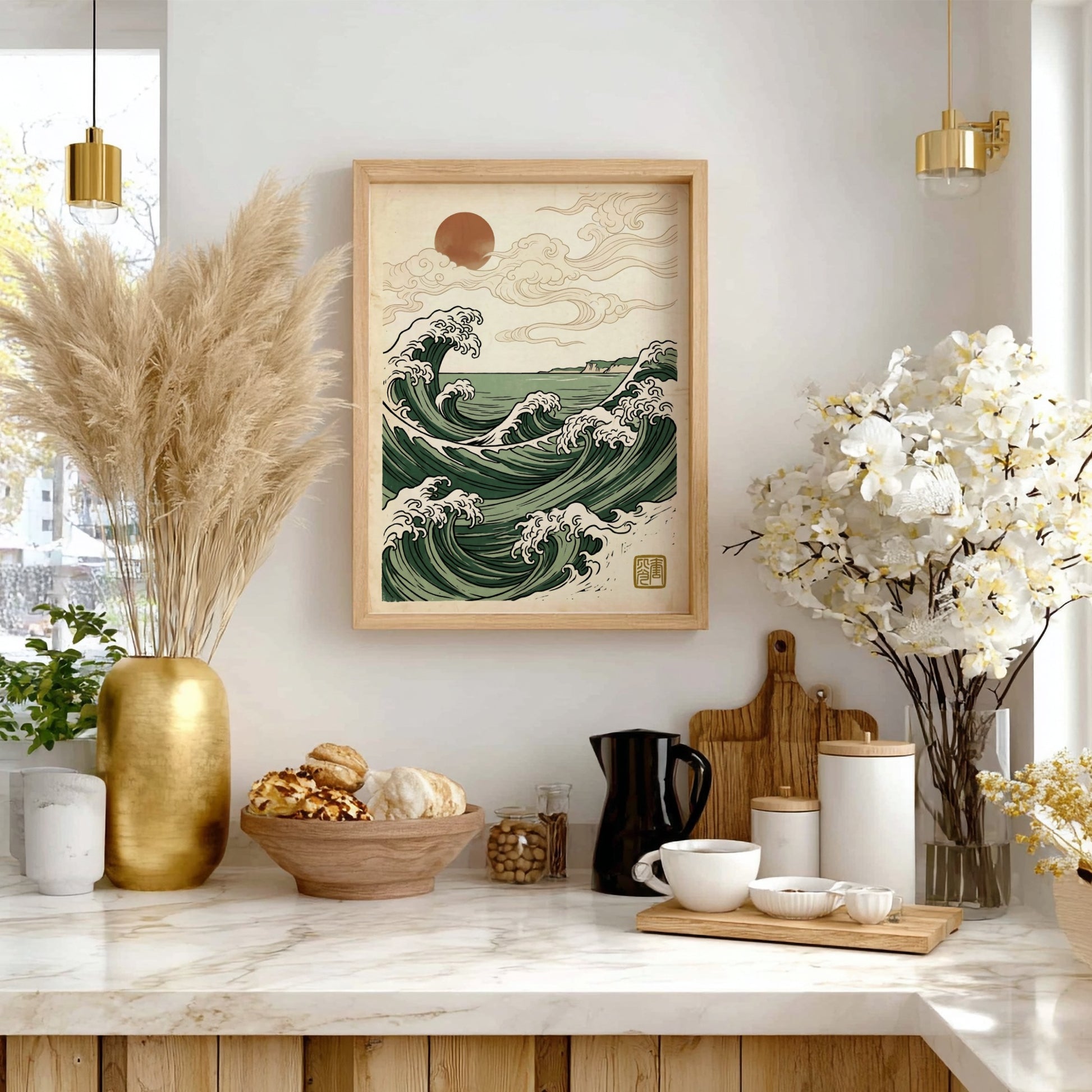 Japanese art style poster featuring ocean waves and sunrise in green tones