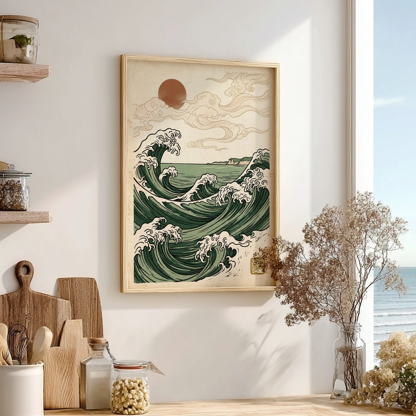 Japanese art style poster featuring ocean waves and sunrise in green tones