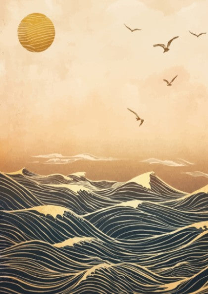 Poster featuring golden ocean waves and gulls flying under a sunlit amber sky