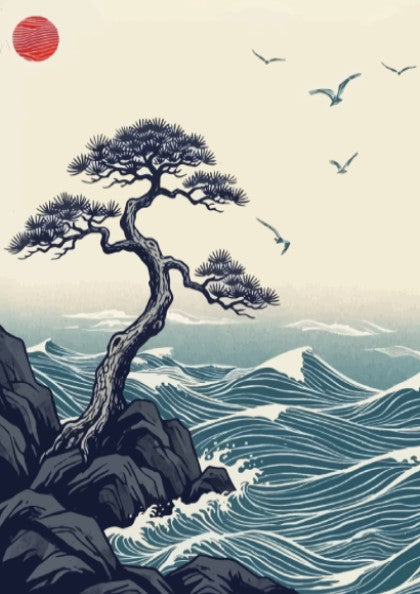 Poster featuring a gnarled pine tree on coastal rocks with blue ocean waves