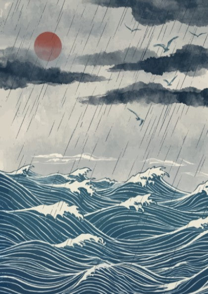 Poster featuring deep blue ocean waves, heavy rain, and a red sun above.