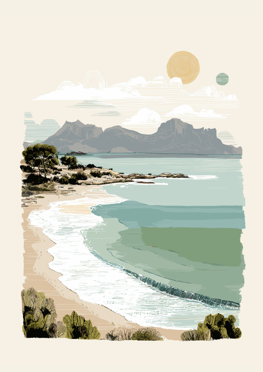 Beach scene with mountains and a sun in the sky