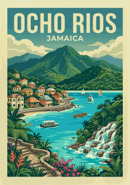 Ocho Rios Jamaica travel poster with a vintage style, showing a coastal village, mountains, and waterfalls.