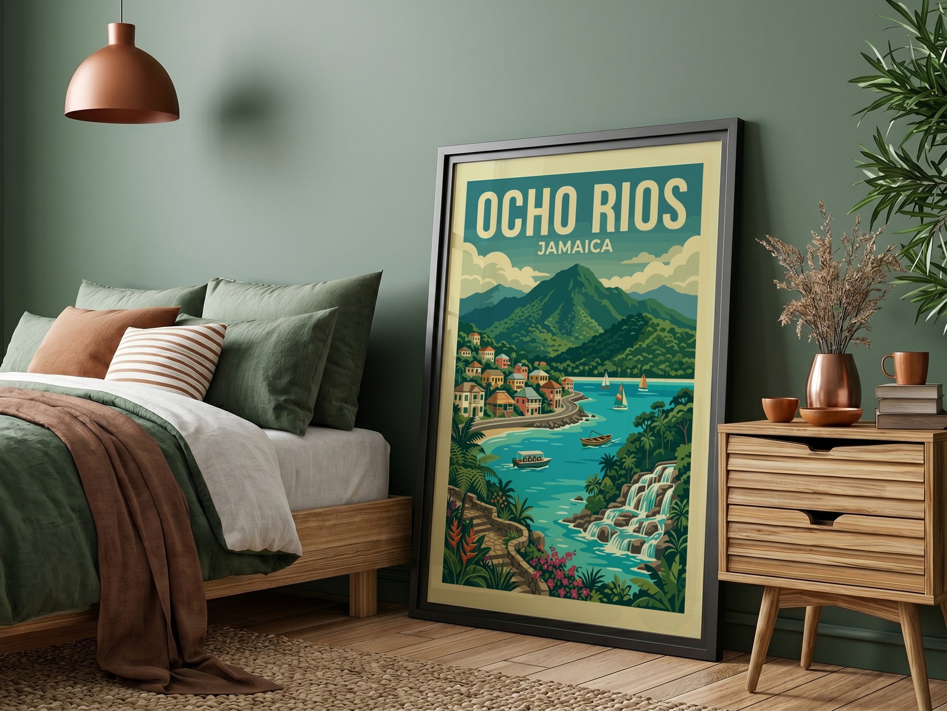 Ocho Rios Jamaica travel poster with a vintage style, showing a coastal village, mountains, and waterfalls.