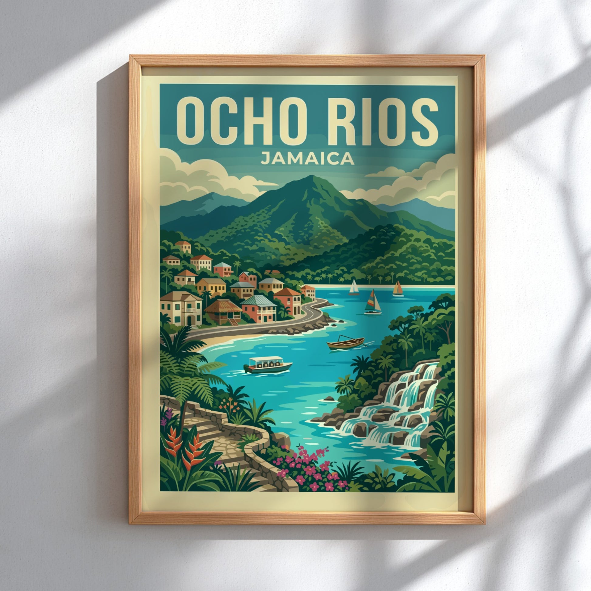 Ocho Rios Jamaica travel poster with a vintage style, showing a coastal village, mountains, and waterfalls.