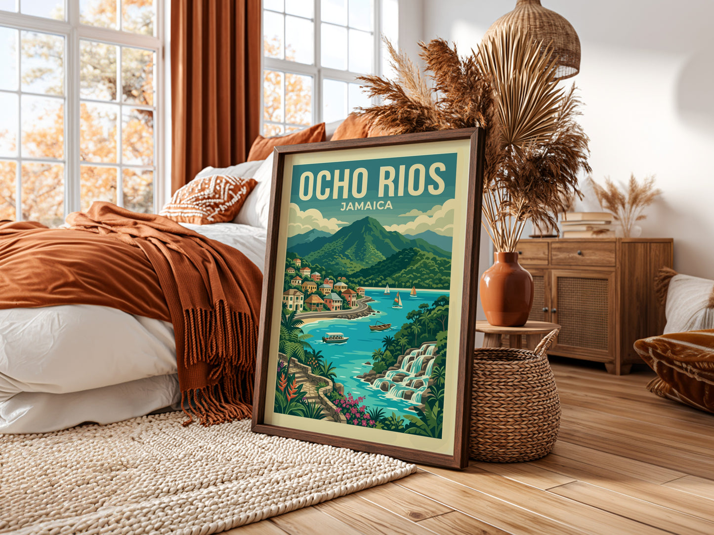 Ocho Rios Jamaica travel poster with a vintage style, showing a coastal village, mountains, and waterfalls.