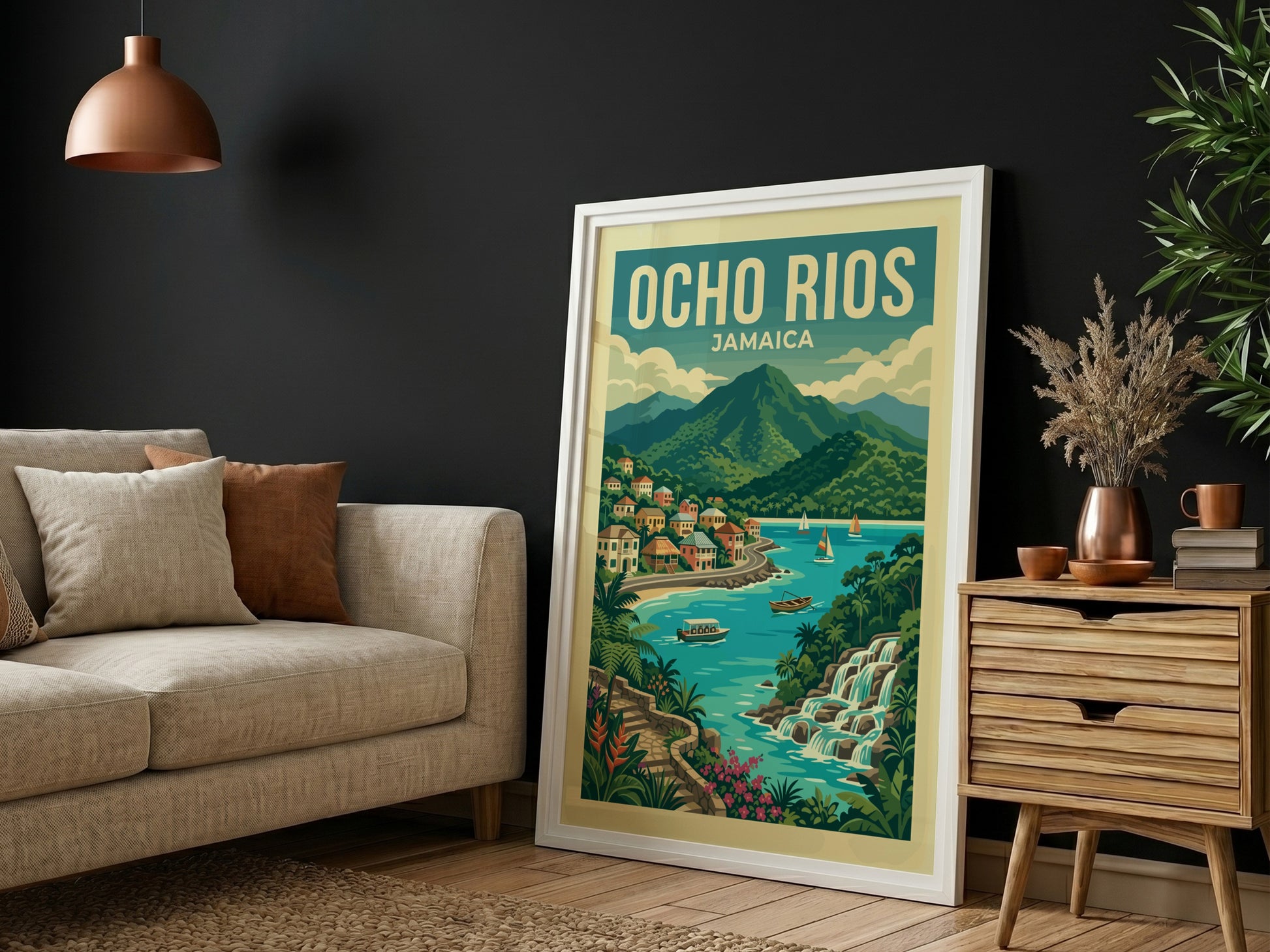 Ocho Rios Jamaica travel poster with a vintage style, showing a coastal village, mountains, and waterfalls.