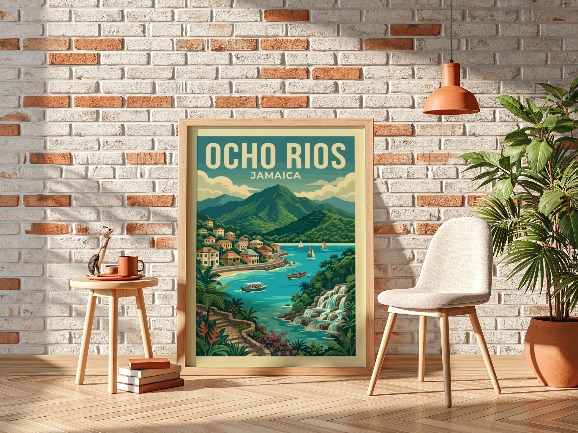 Ocho Rios Jamaica travel poster with a vintage style, showing a coastal village, mountains, and waterfalls.