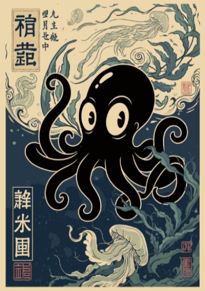 Poster featuring a black octopus swimming among jellyfish in a Japanese woodblock style
