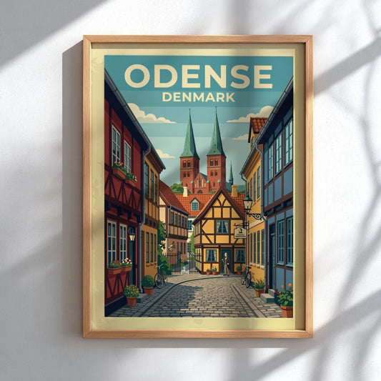 Travel poster of Odense Denmark featuring half-timbered houses and historic church spires in