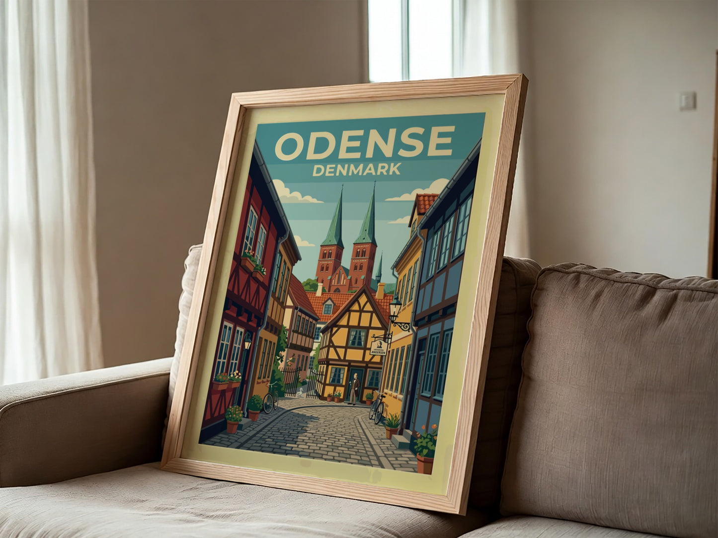 Travel poster of Odense Denmark featuring half-timbered houses and historic church spires in