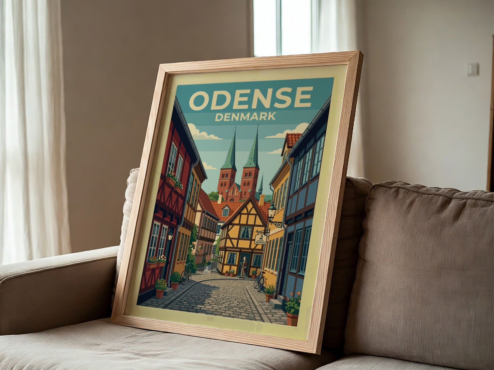 Travel poster of Odense Denmark featuring half-timbered houses and historic church spires in