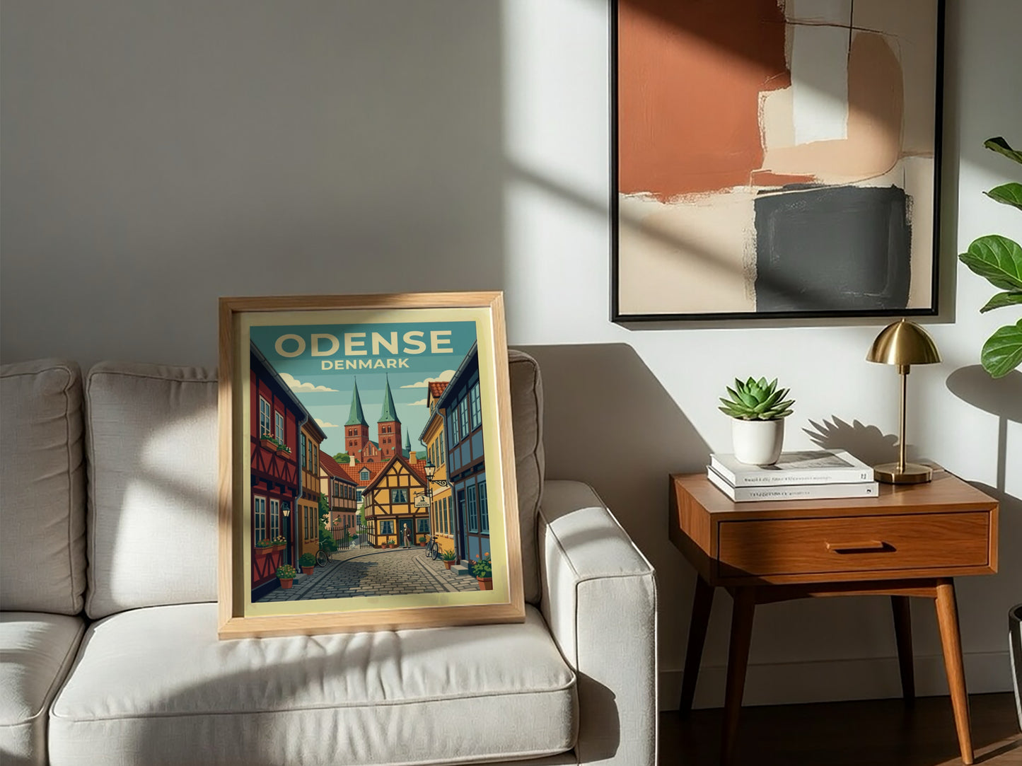 Travel poster of Odense Denmark featuring half-timbered houses and historic church spires in