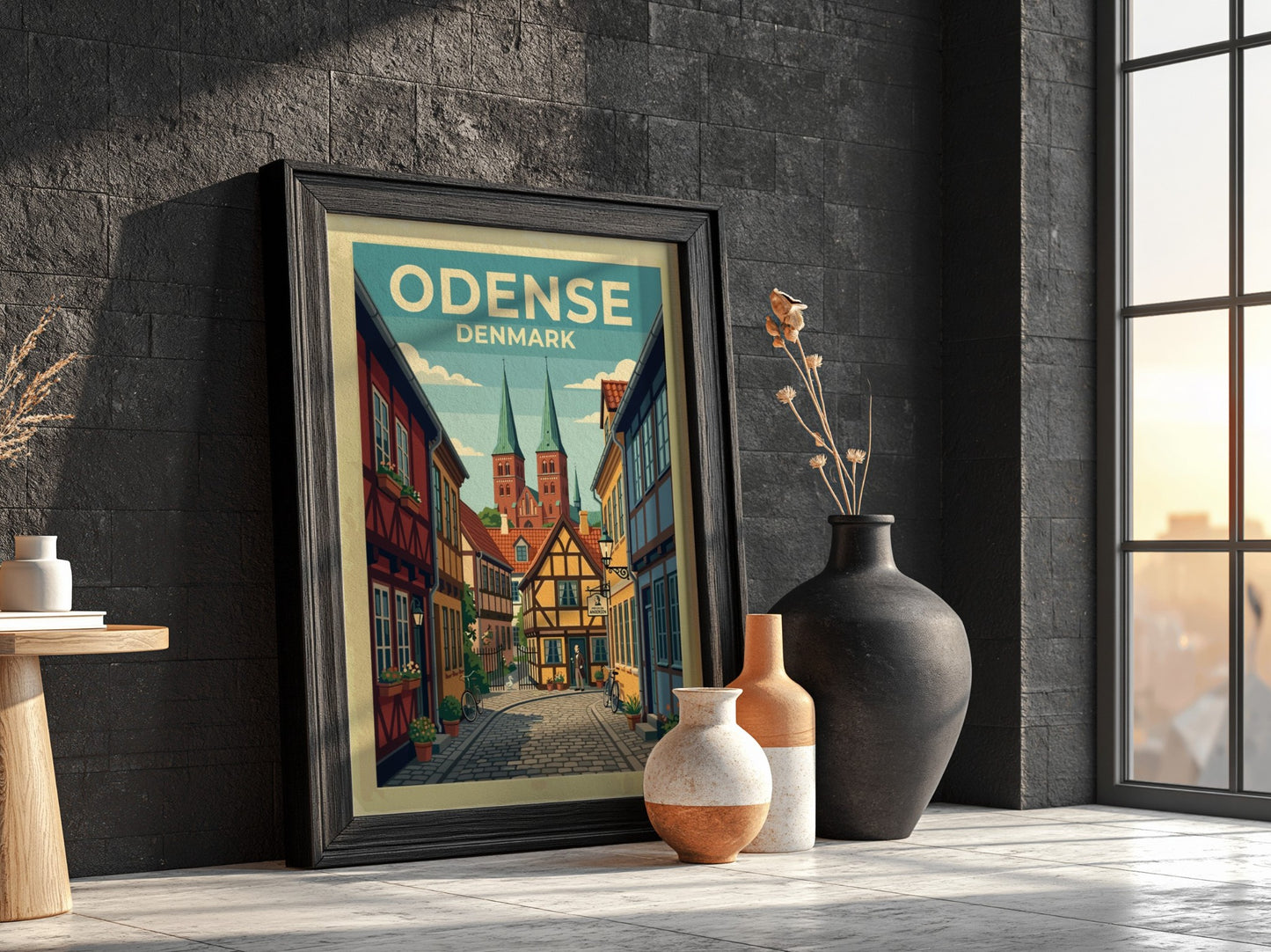 Travel poster of Odense Denmark featuring half-timbered houses and historic church spires in