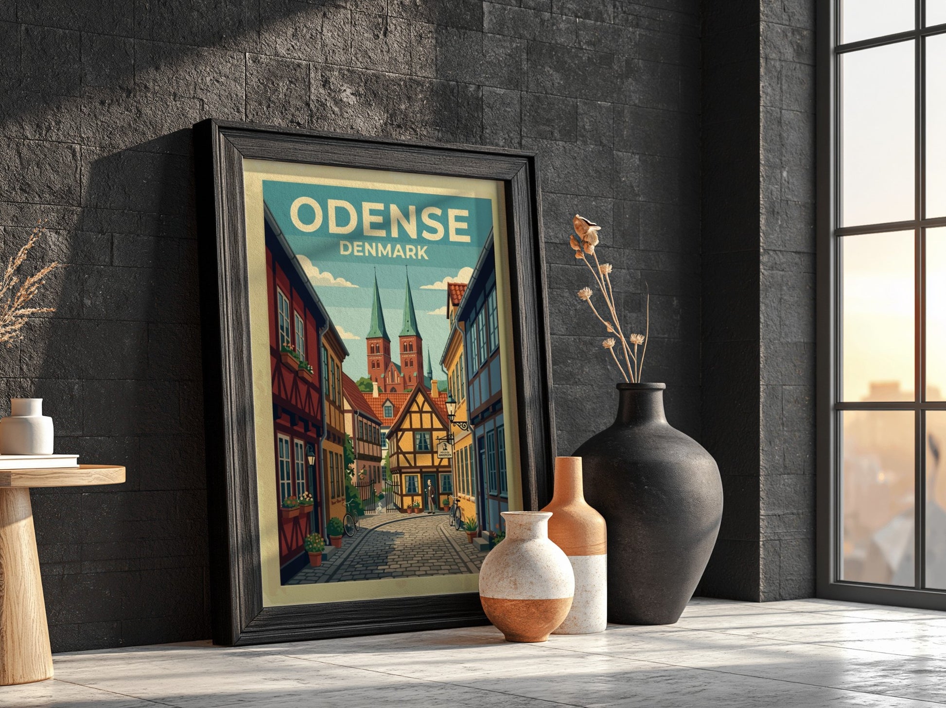 Travel poster of Odense Denmark featuring half-timbered houses and historic church spires in