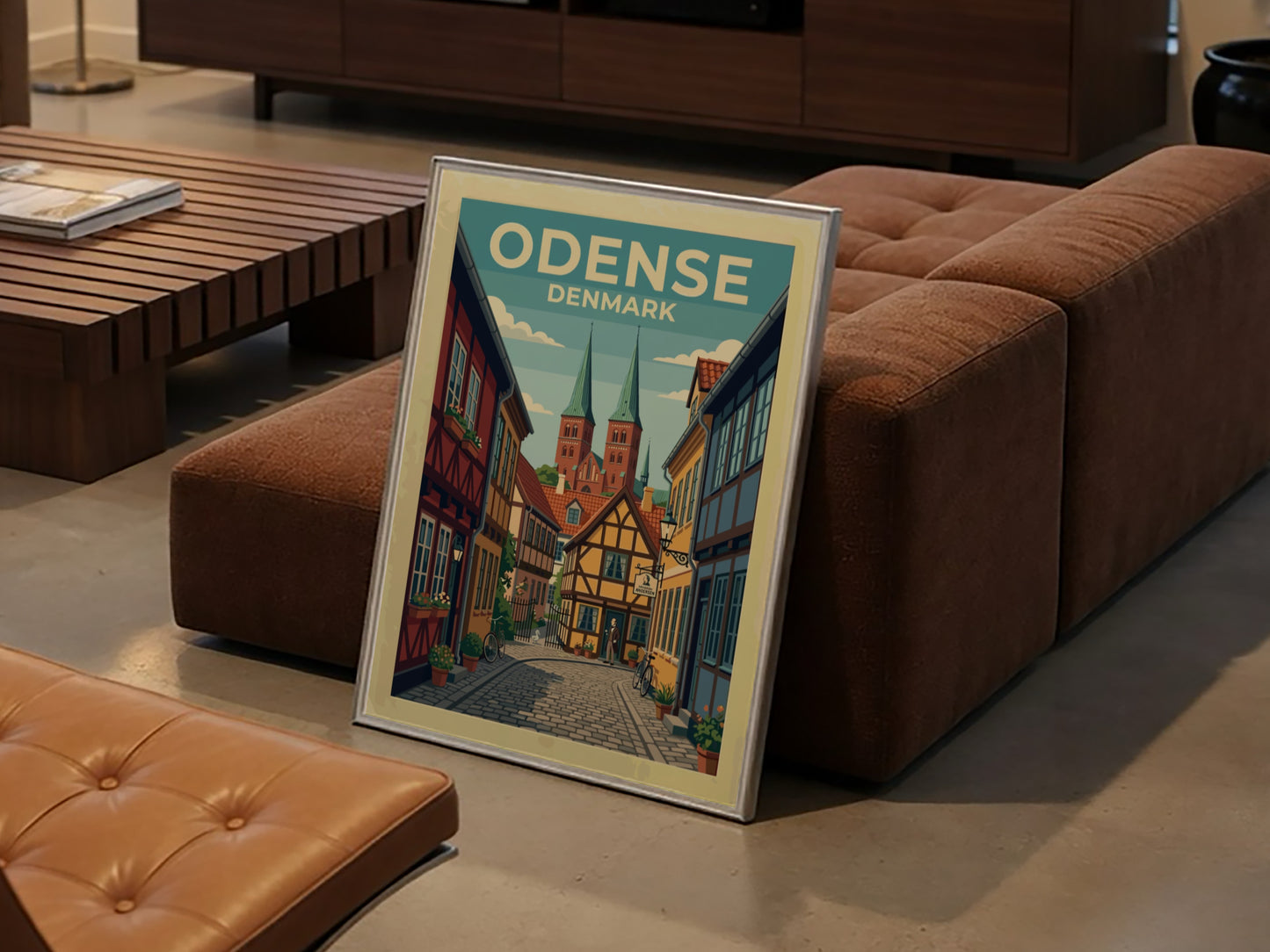 Travel poster of Odense Denmark featuring half-timbered houses and historic church spires in