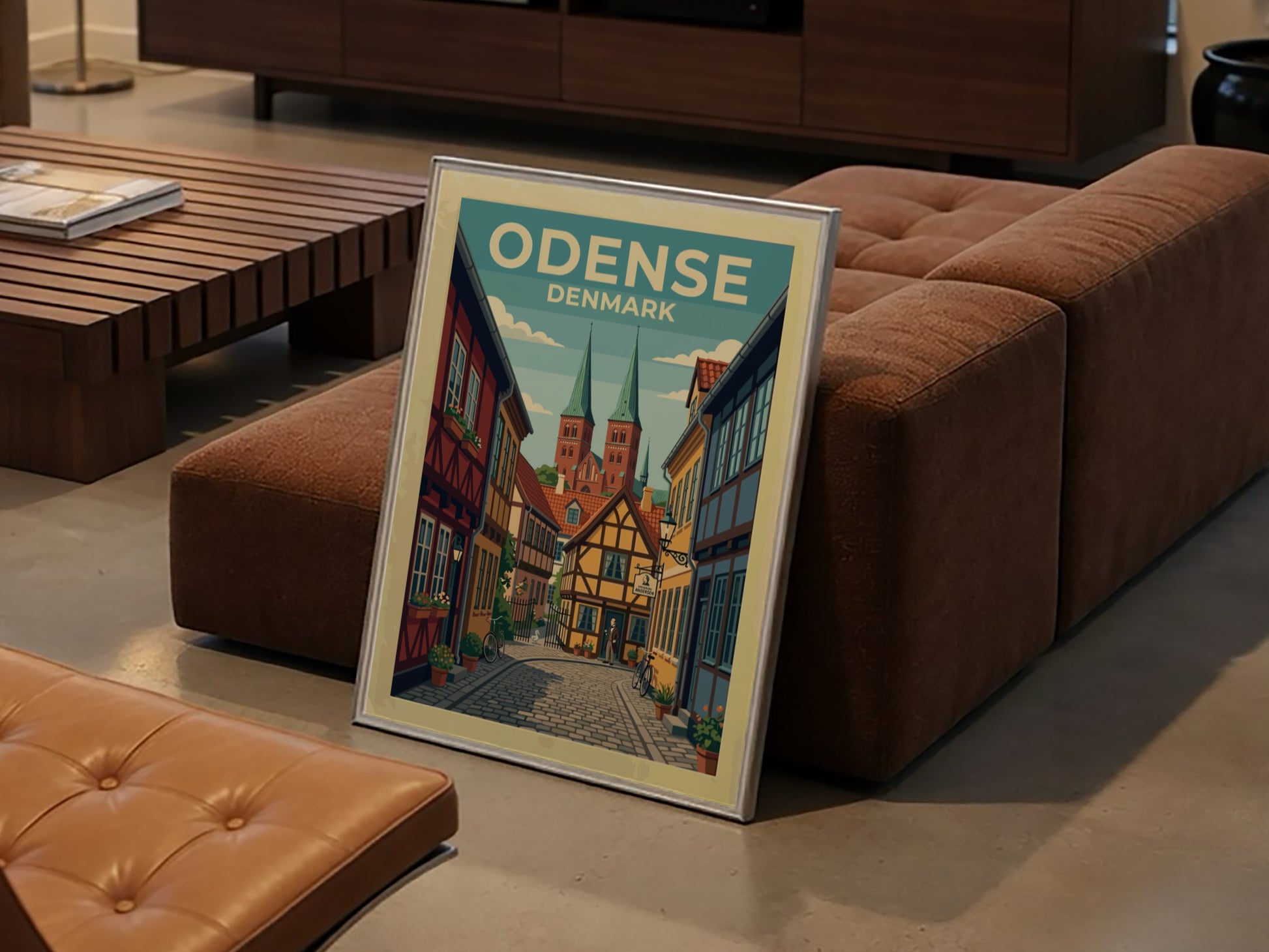 Travel poster of Odense Denmark featuring half-timbered houses and historic church spires in
