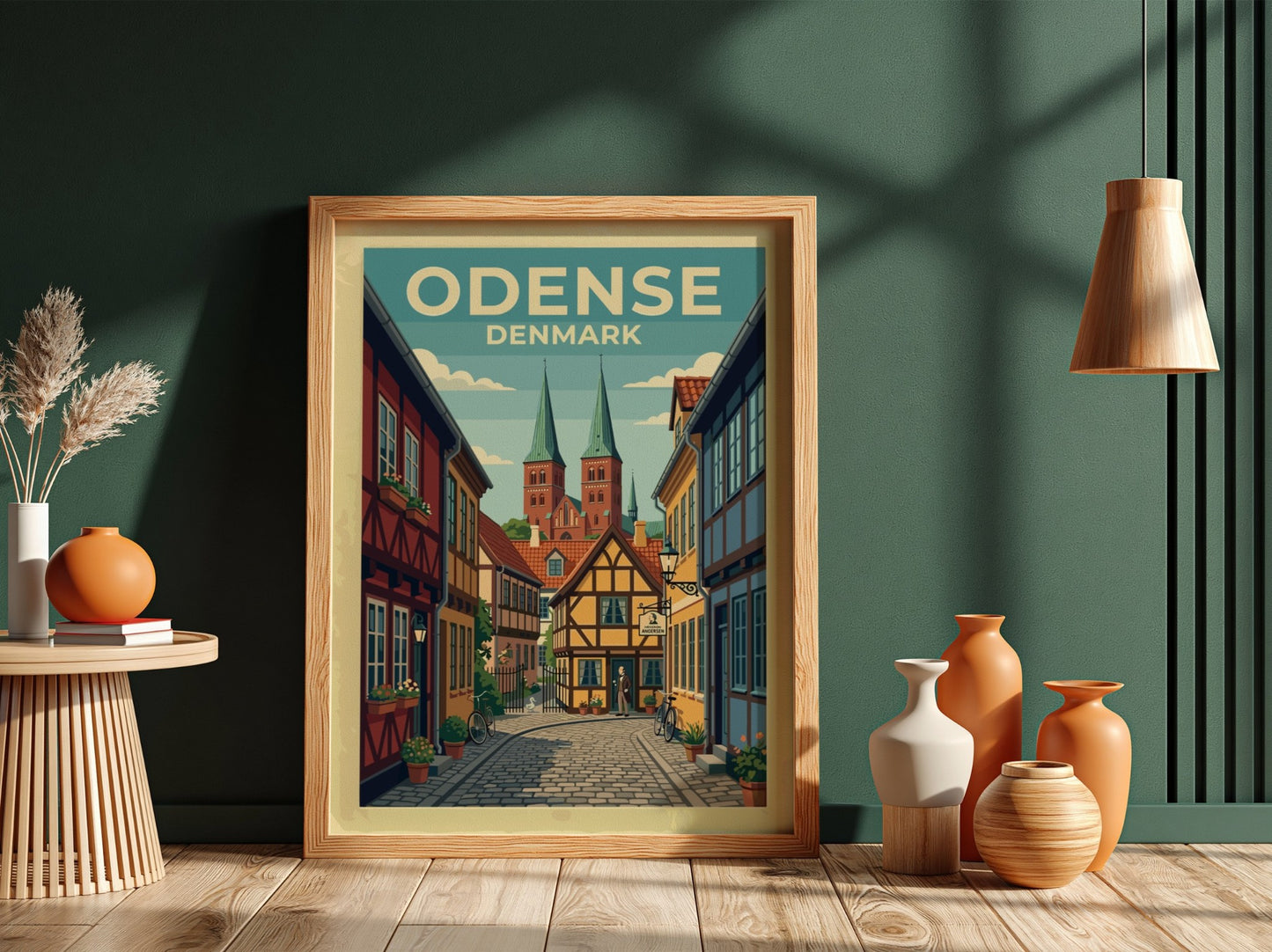 Travel poster of Odense Denmark featuring half-timbered houses and historic church spires in