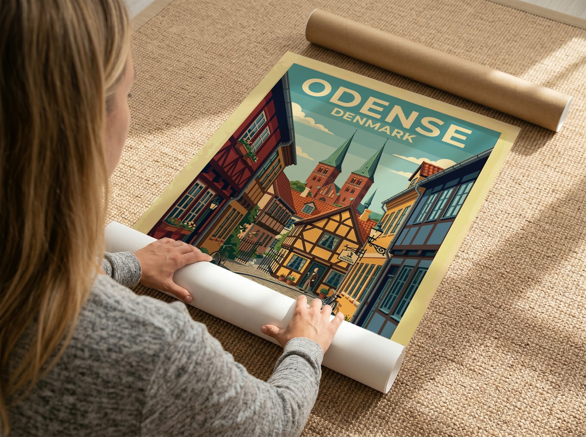 Travel poster of Odense Denmark featuring half-timbered houses and historic church spires in