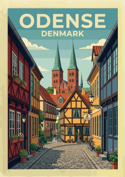 Travel poster of Odense Denmark featuring half-timbered houses and historic church spires in