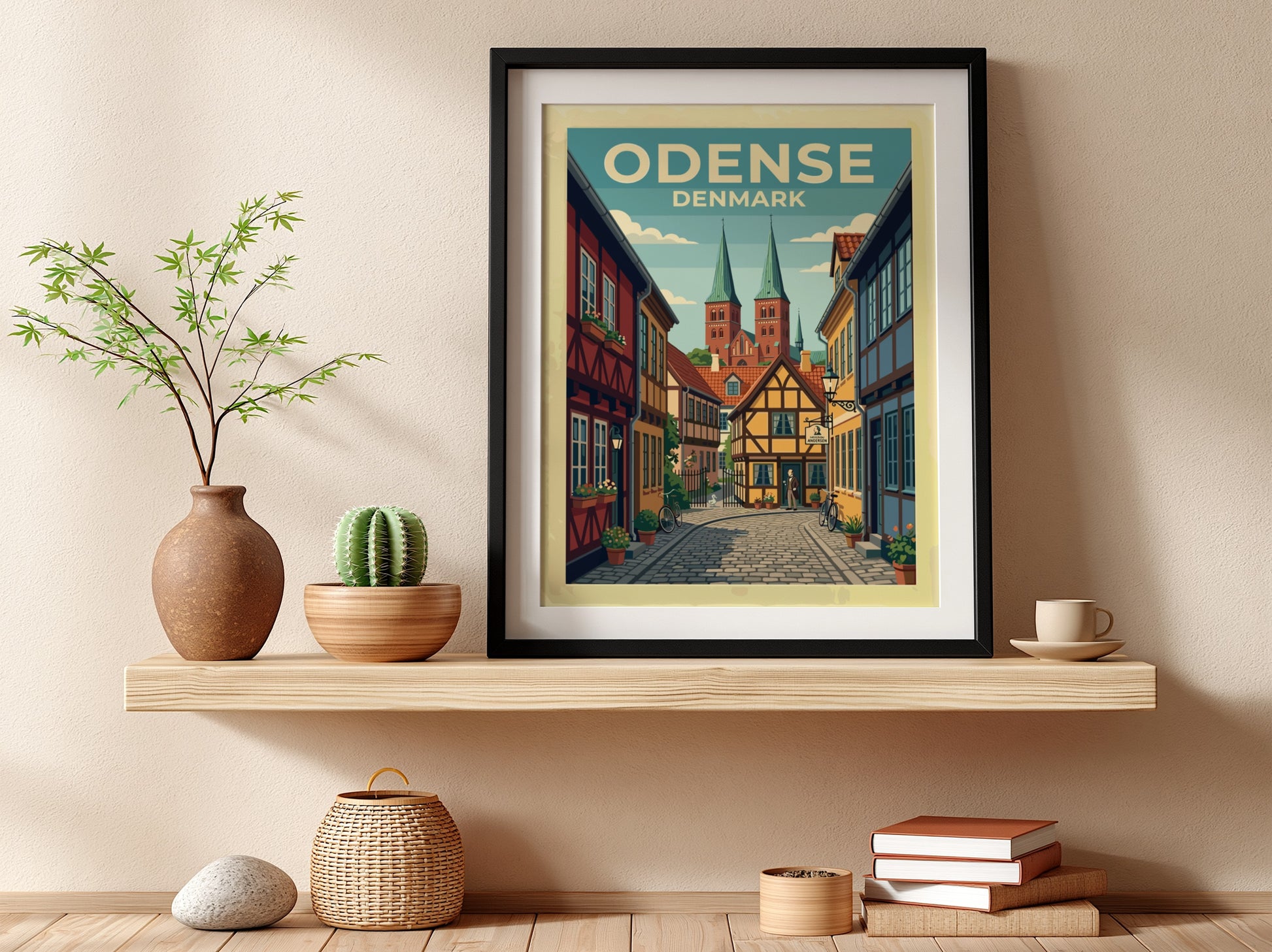 Travel poster of Odense Denmark featuring half-timbered houses and historic church spires in