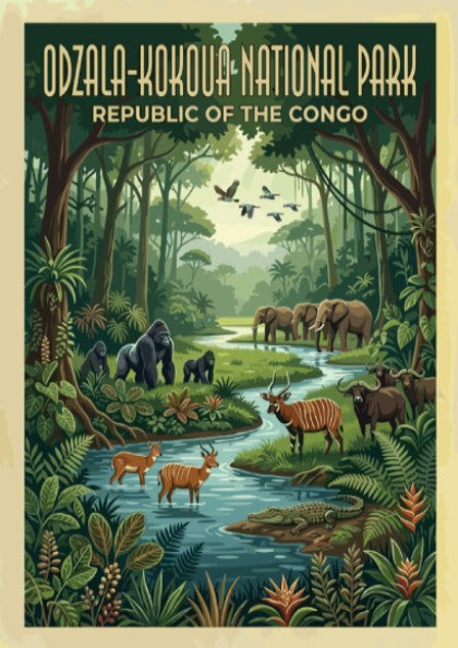 Odzala-Kokoua National Park poster featuring lush jungle, wildlife, and a serene river in vibrant colors.