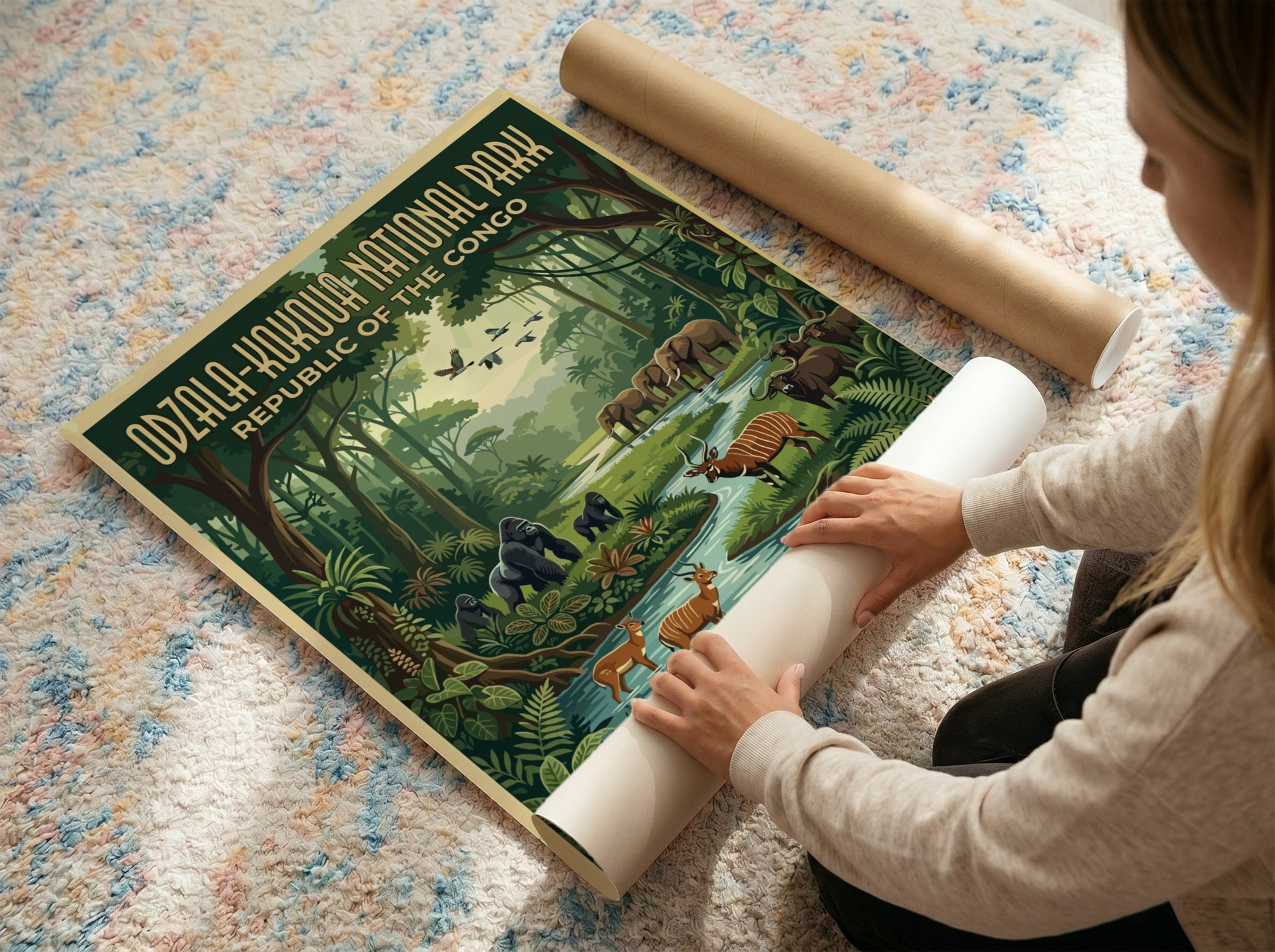 Odzala-Kokoua National Park poster featuring lush jungle, wildlife, and a serene river in vibrant colors.