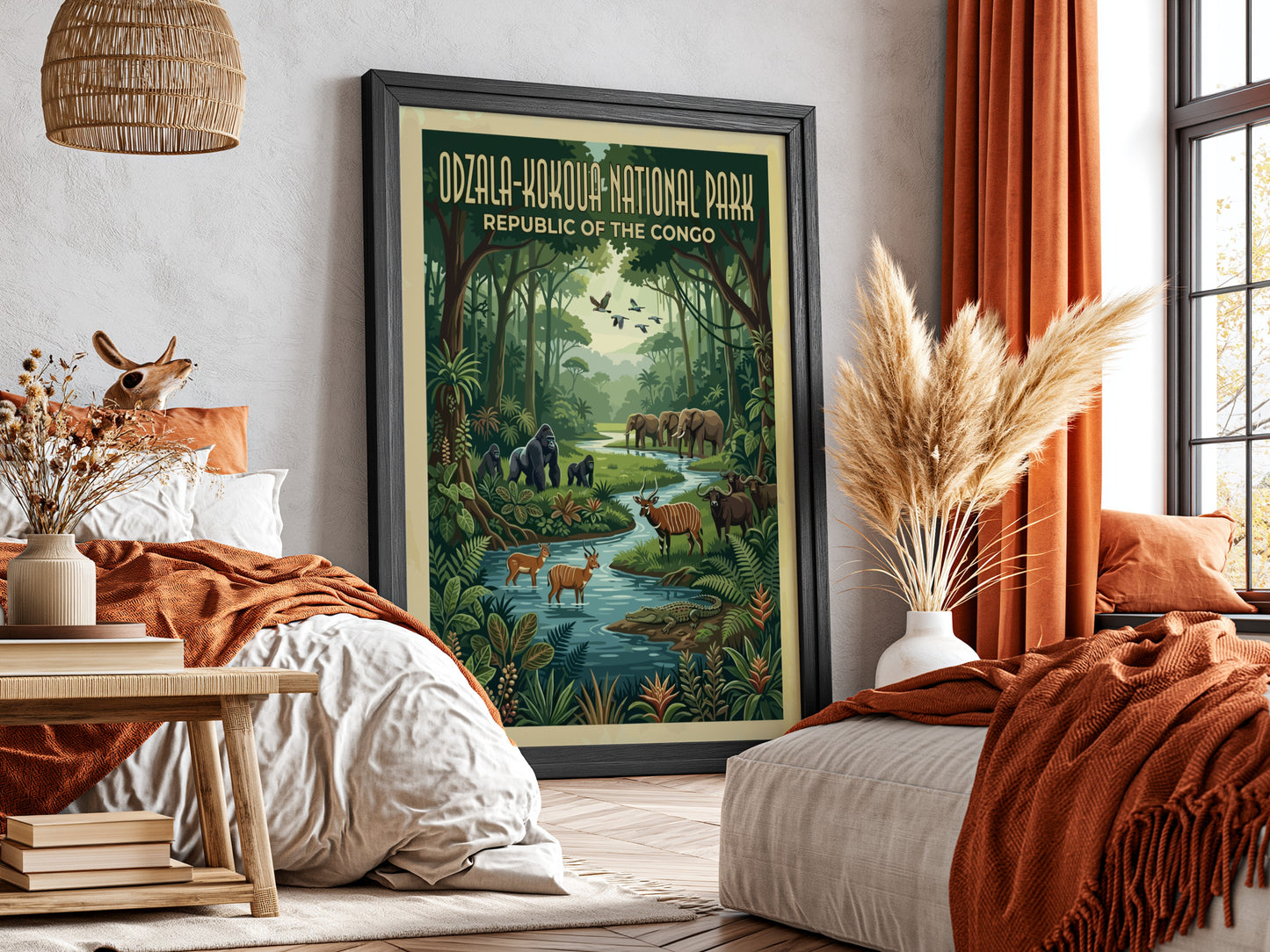 Odzala-Kokoua National Park poster featuring lush jungle, wildlife, and a serene river in vibrant colors.