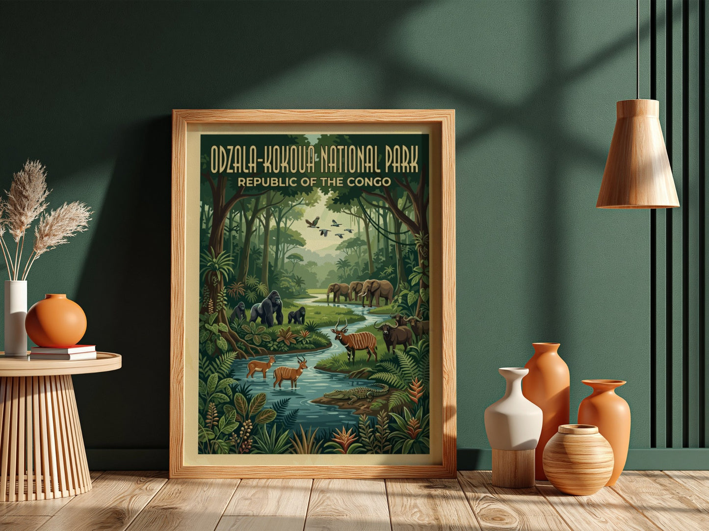 Odzala-Kokoua National Park poster featuring lush jungle, wildlife, and a serene river in vibrant colors.