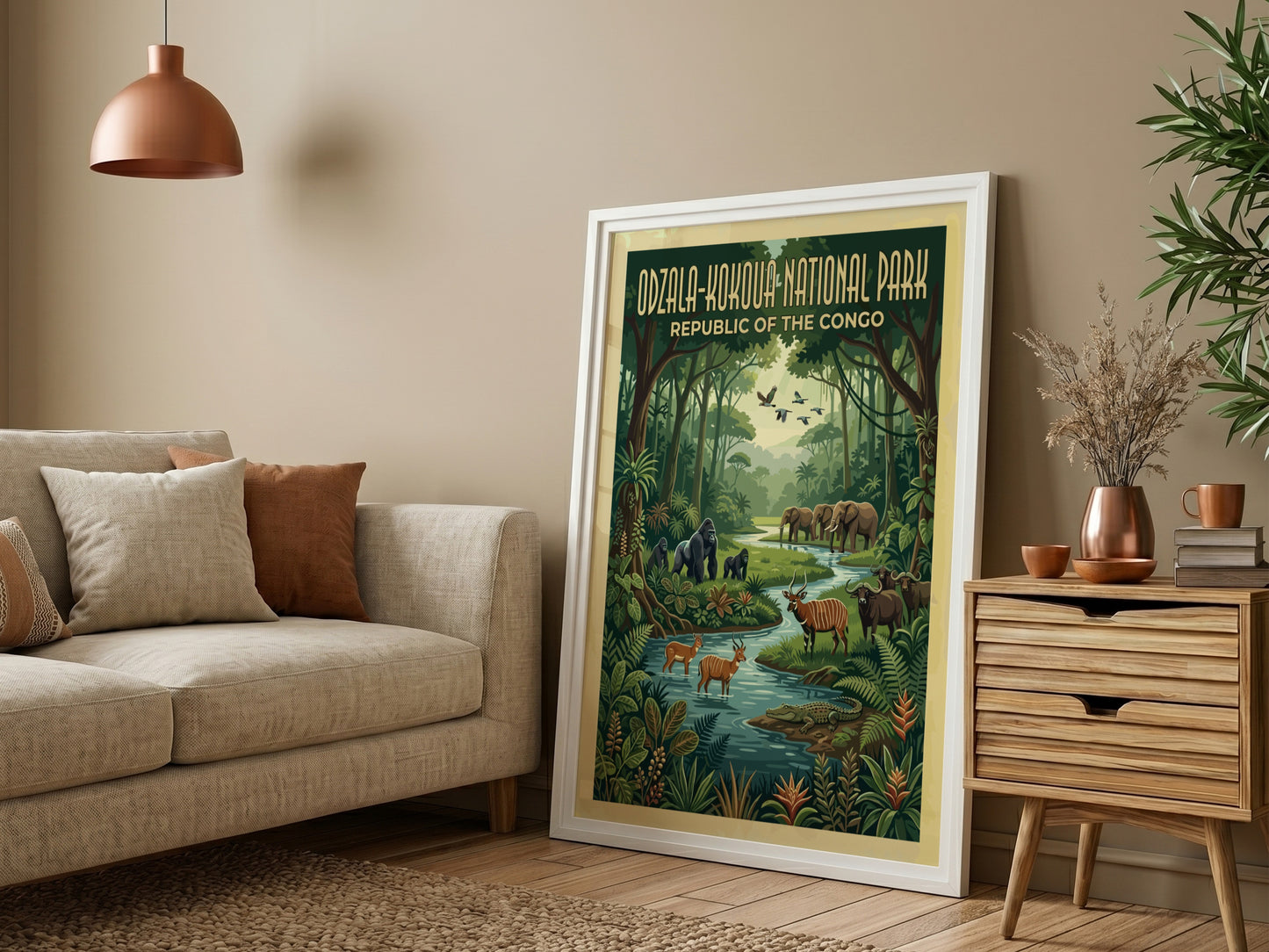 Odzala-Kokoua National Park poster featuring lush jungle, wildlife, and a serene river in vibrant colors.