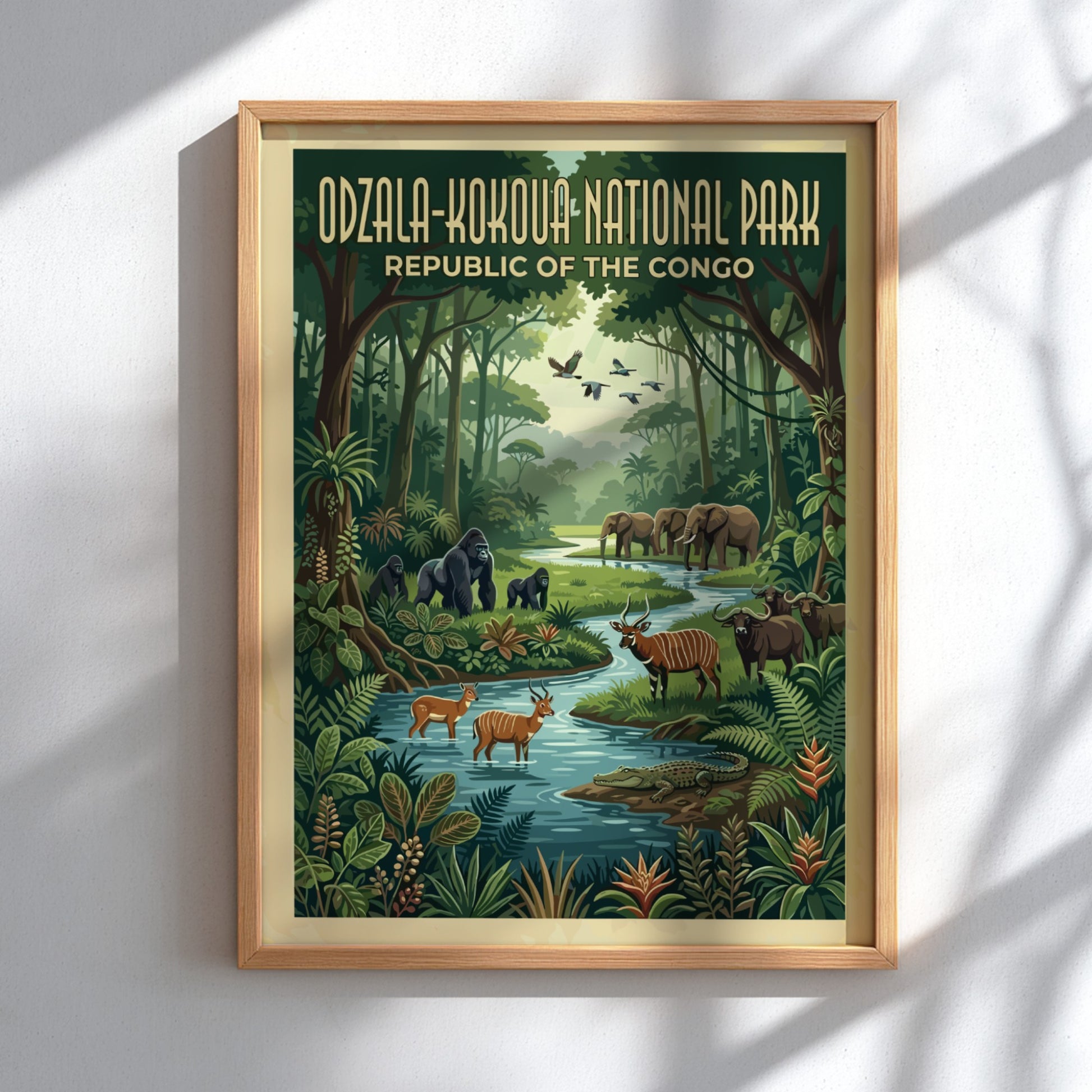 Odzala-Kokoua National Park poster featuring lush jungle, wildlife, and a serene river in vibrant colors.