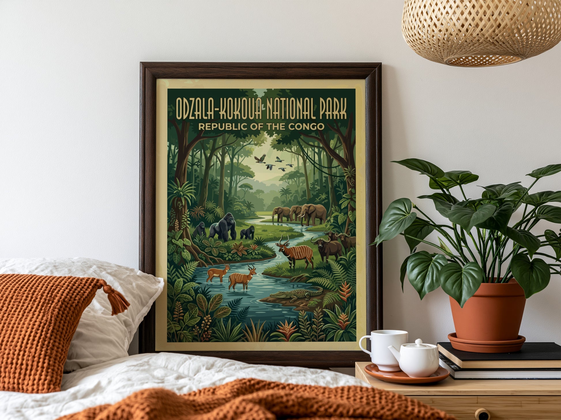 Odzala-Kokoua National Park poster featuring lush jungle, wildlife, and a serene river in vibrant colors.