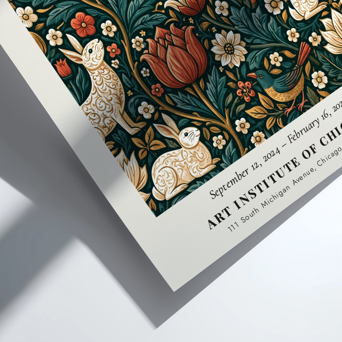William Morris poster featuring vibrant flora and fauna design