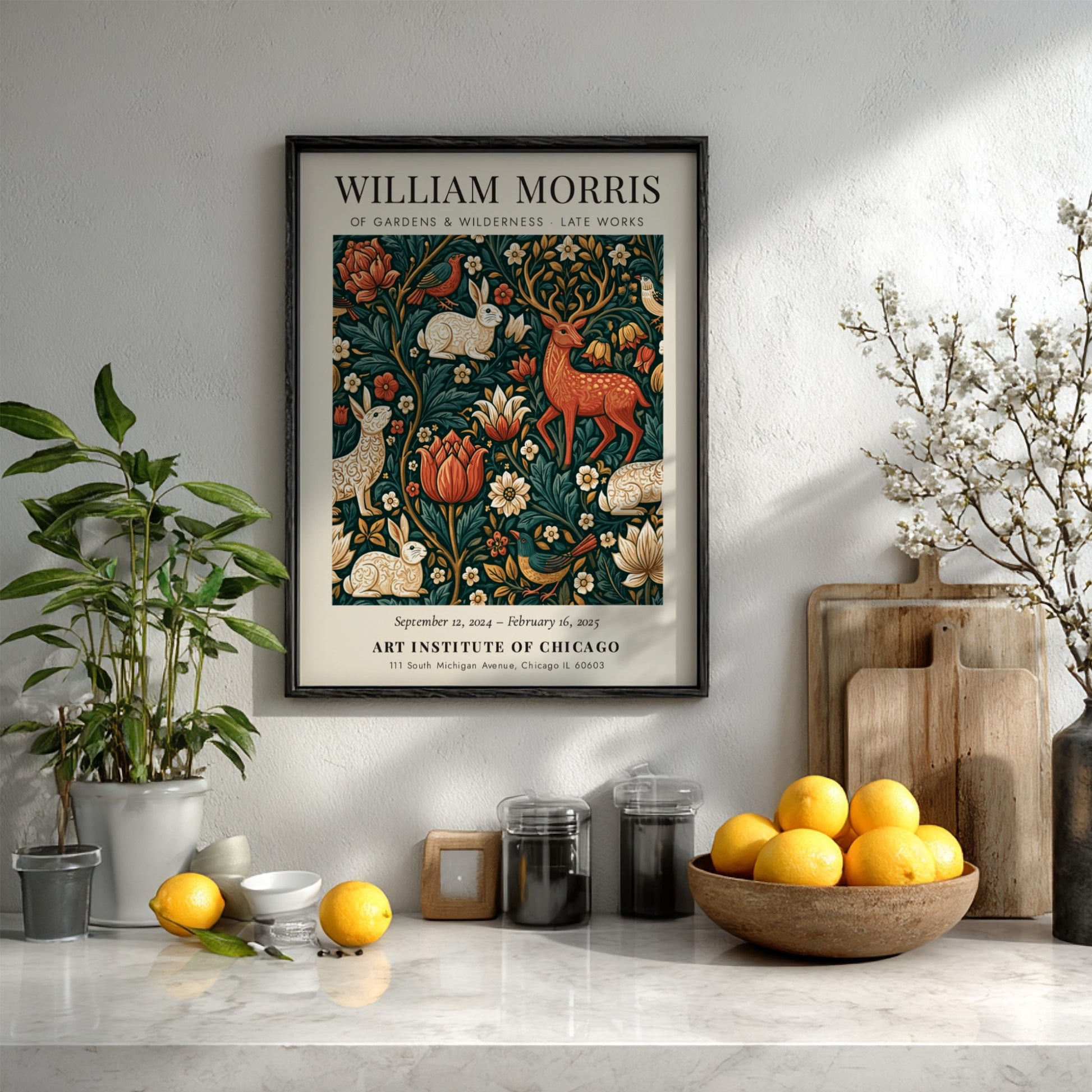 William Morris poster featuring vibrant flora and fauna design