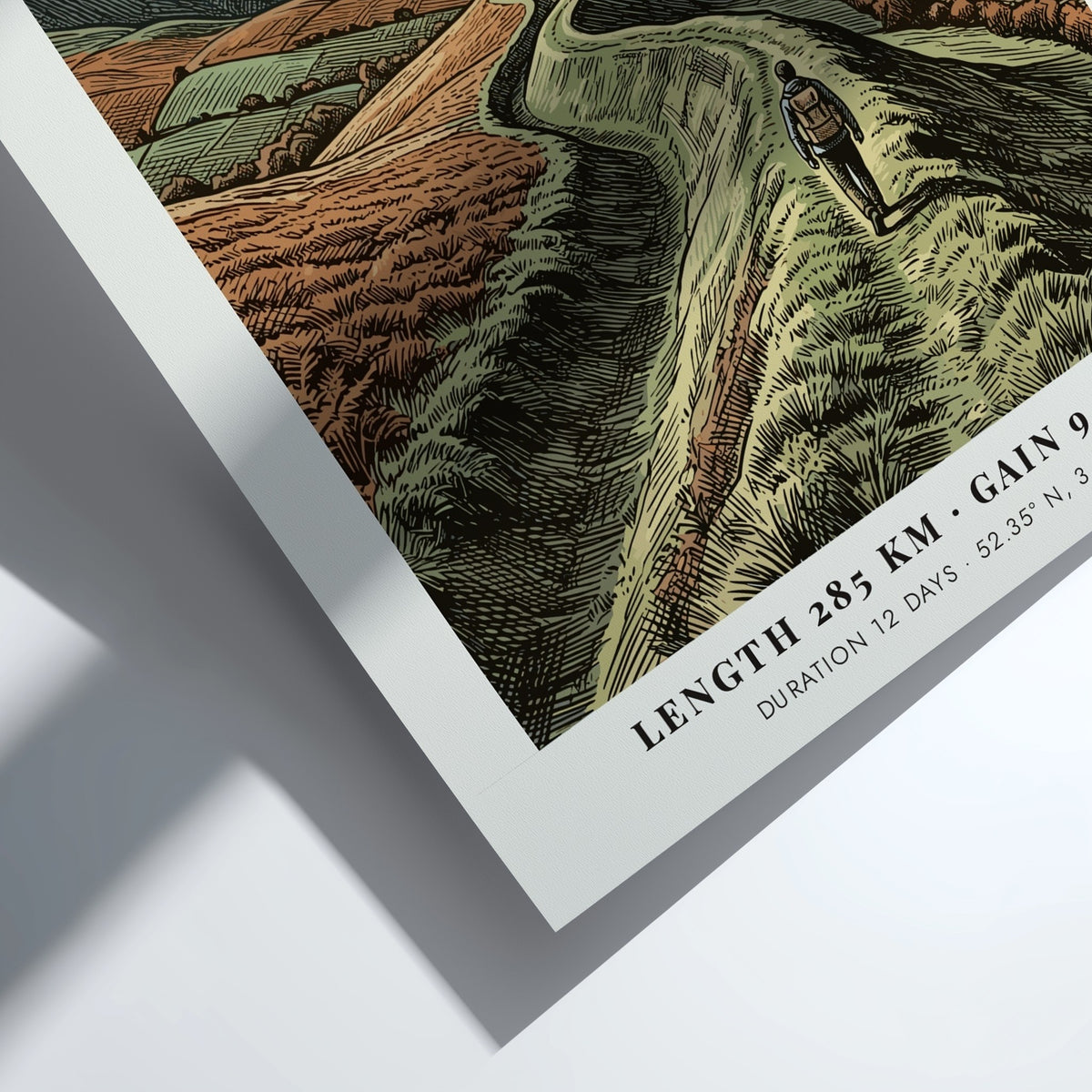 Poster of a hiker walking along the winding Offas Dyke ridge in Wales